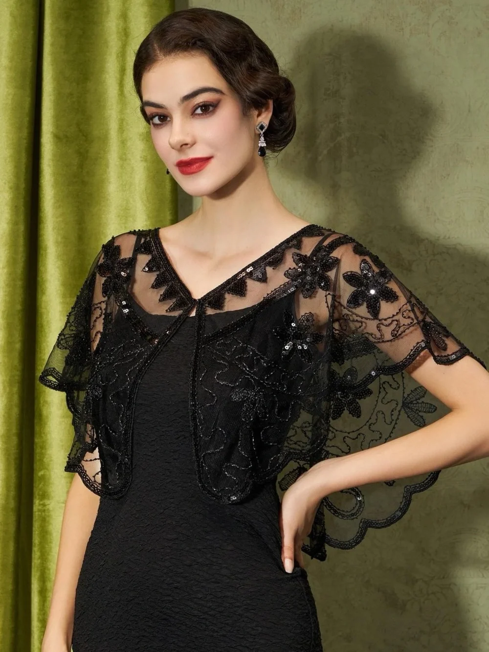 Black Beaded Women's 1920's Sequin Flapper Shawl - OS